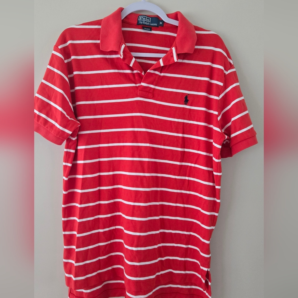 Polo Ralph Lauren Men Red And White Striped Polo Shirt 100% Cotton Sz M